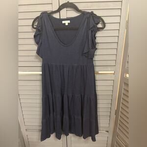 Relaxed Fit Navy Blue Tiered Jersey Midi Dress with Ruffle Sleeves Size Small